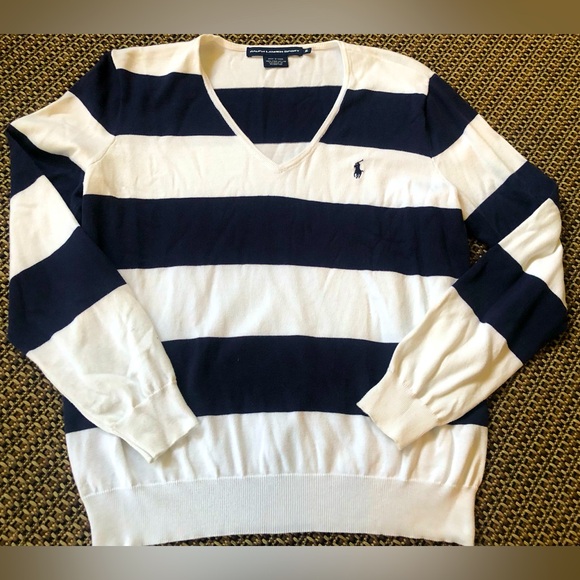 Ralph Lauren Sweaters - Vintage Y2K Ralph Lauren Sport Navy &White Rugby Striped V-neck Pullover Sweater